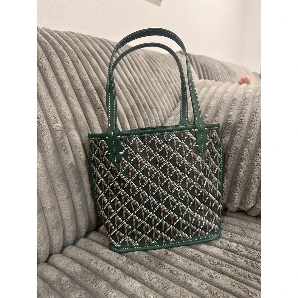Women's Green Logo Mini Tote Bag Open Top Double Handles White Stitch Geometric
